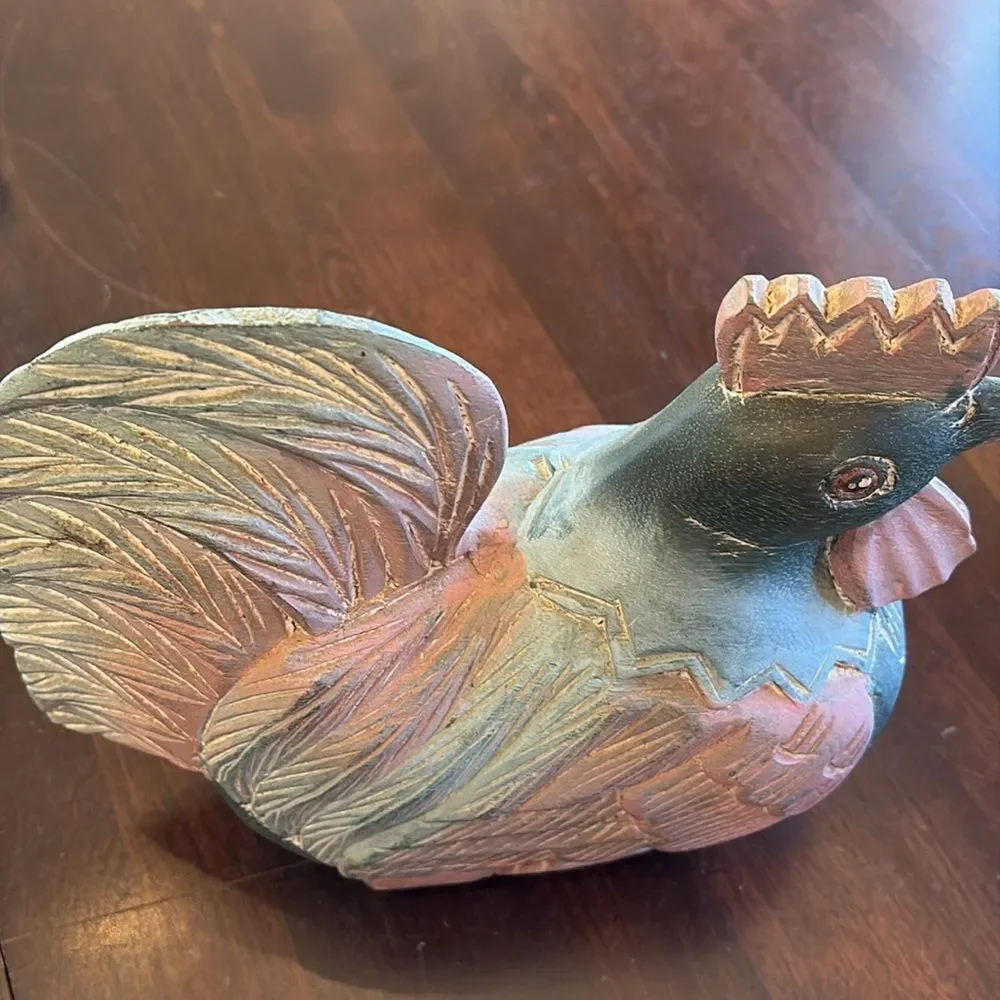 Vintage Folk Art Wood Rooster Sculpture Chicken Carving - Picture 5 of 6